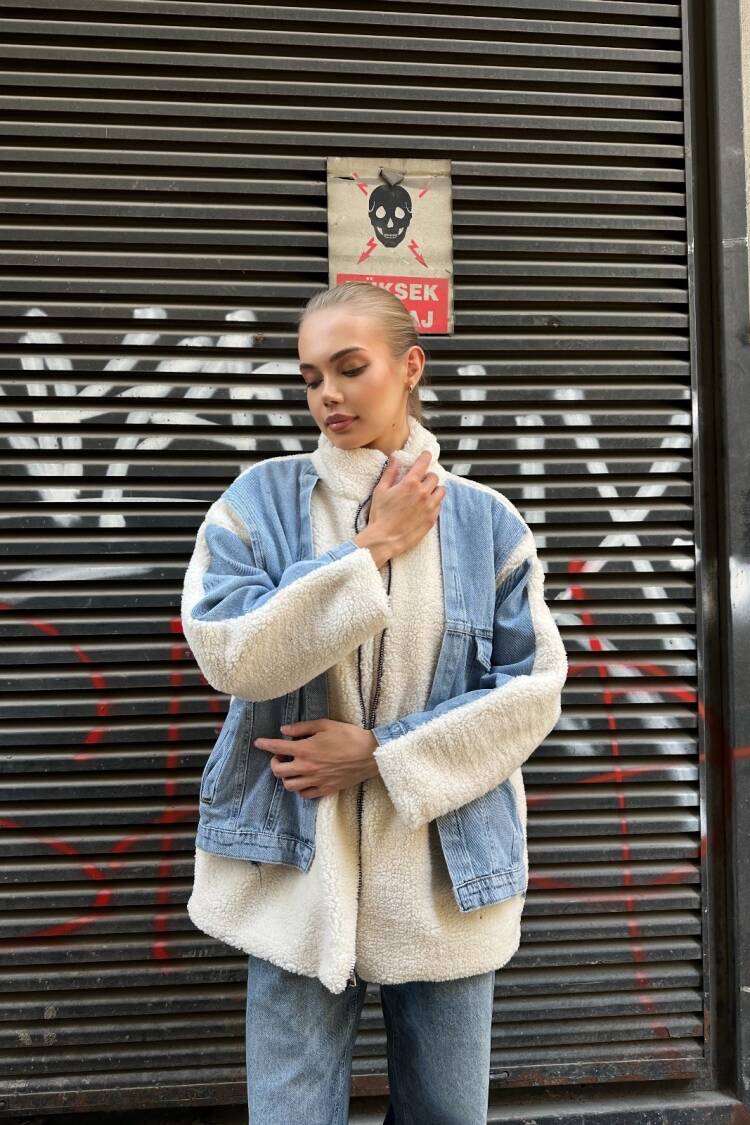 Blue Oversized Fit Shacket Jacket With High Collar