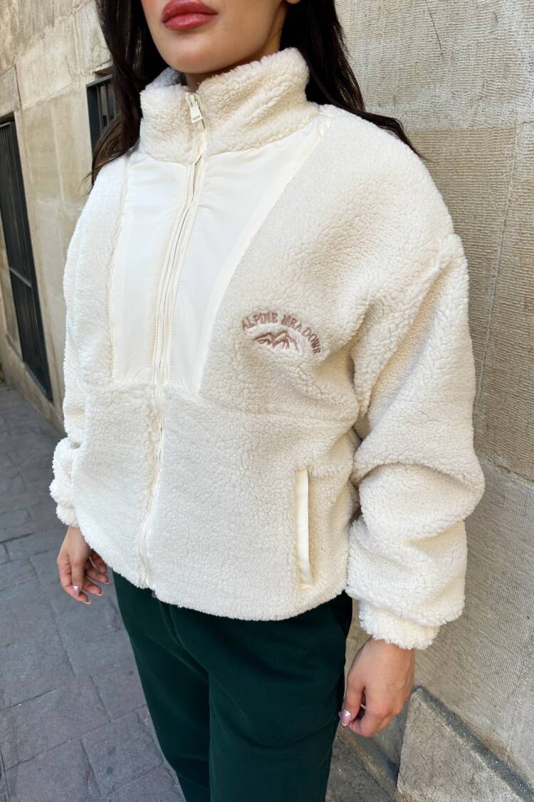 White Teddy Jacket With High Collar And Oversized Fit