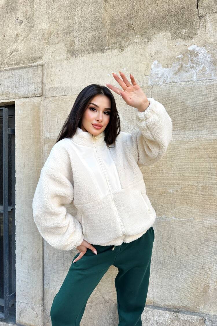 White Teddy Jacket With High Collar And Oversized Fit
