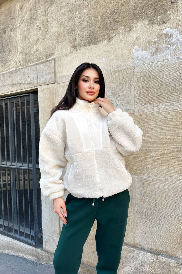 White Teddy Jacket With High Collar And Oversized Fit