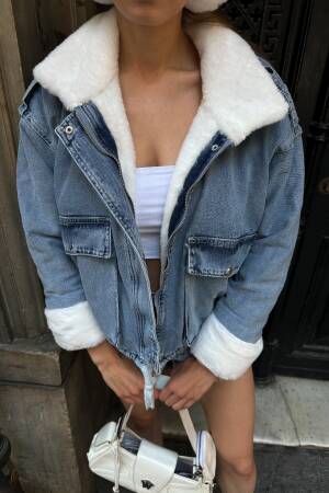 Blue Bomber Jacket With Flap Pockets - Brand: My Jest Fashion - Women's Clothing Wholesale - Globality Store