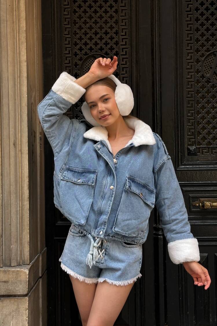 Blue Bomber Jacket With Flap Pockets
