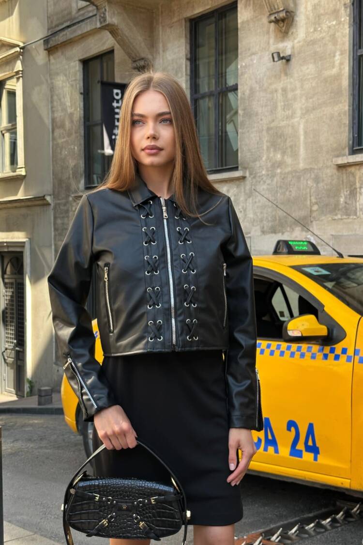 Black Biker Jacket – Punk Streetwear Crop Zip Up - Brand: My Jest Fashion - Women's Clothing Wholesale - Globality Store