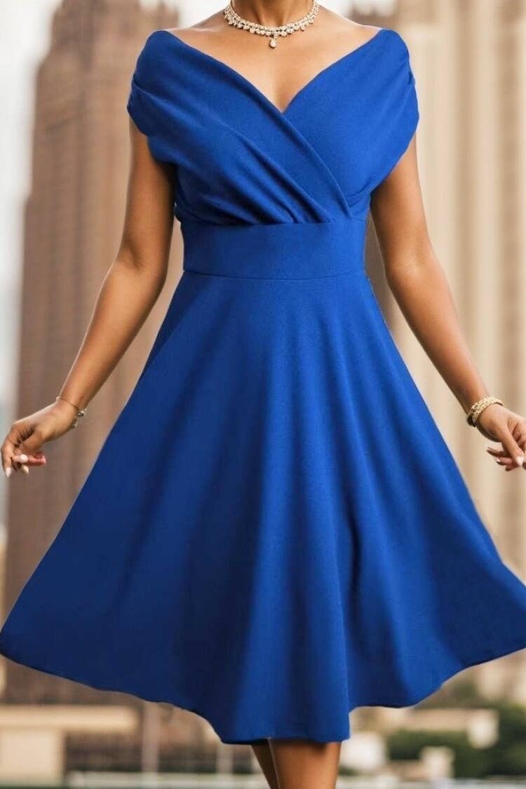 Blue Elegant Midi A-Line Dress With V-Neck Cap Sleeves