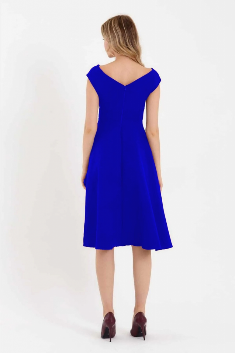 Blue Elegant Midi A-Line Dress With V-Neck Cap Sleeves