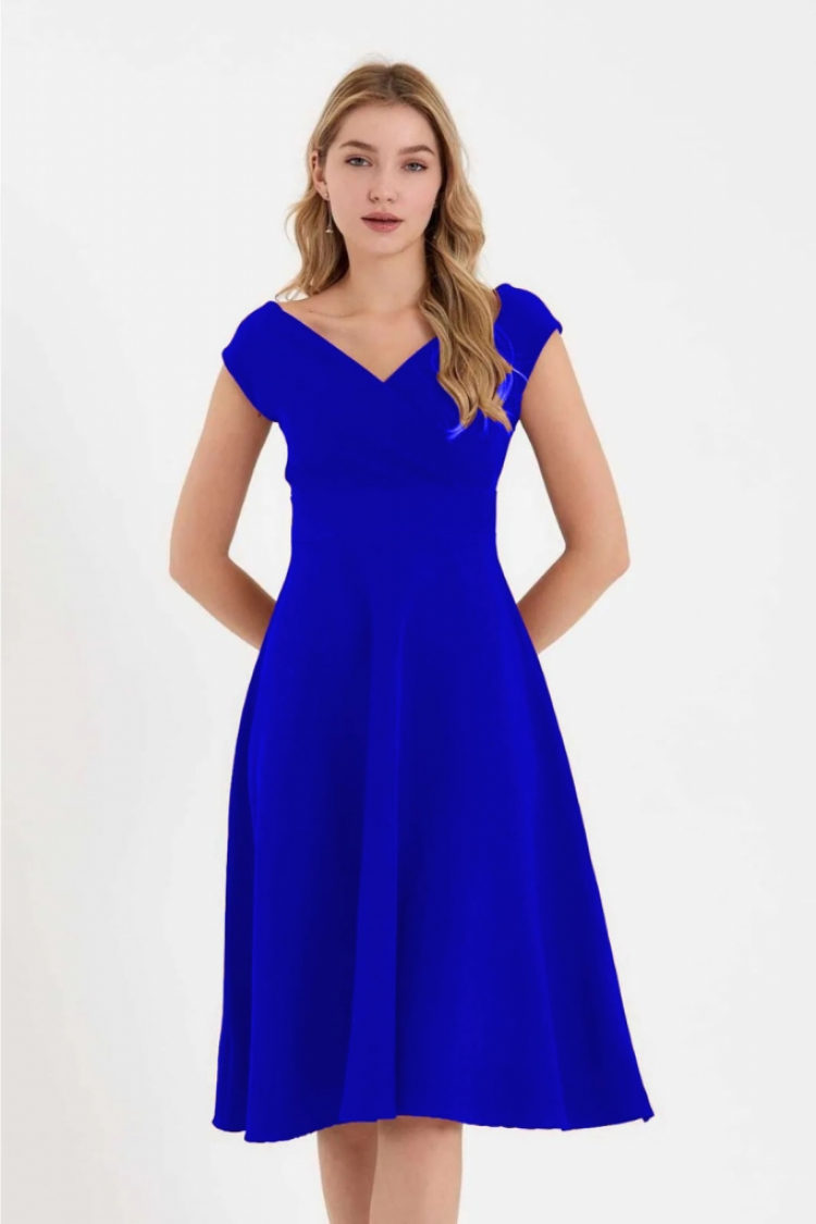 Blue Elegant Midi A-Line Dress With V-Neck Cap Sleeves