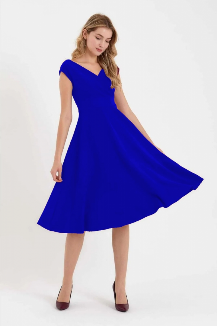 Blue Elegant Midi A-Line Dress With V-Neck Cap Sleeves - Brand: Janes - Women's Clothing Wholesale - Globality Store