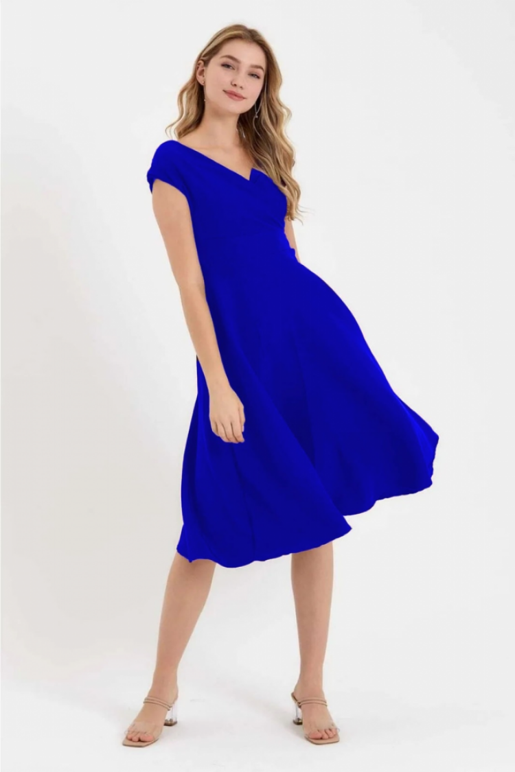 Blue Elegant Midi A-Line Dress With V-Neck Cap Sleeves