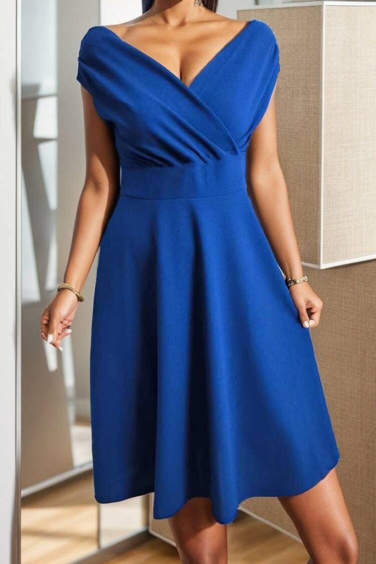 Blue Elegant Midi A-Line Dress With V-Neck Cap Sleeves
