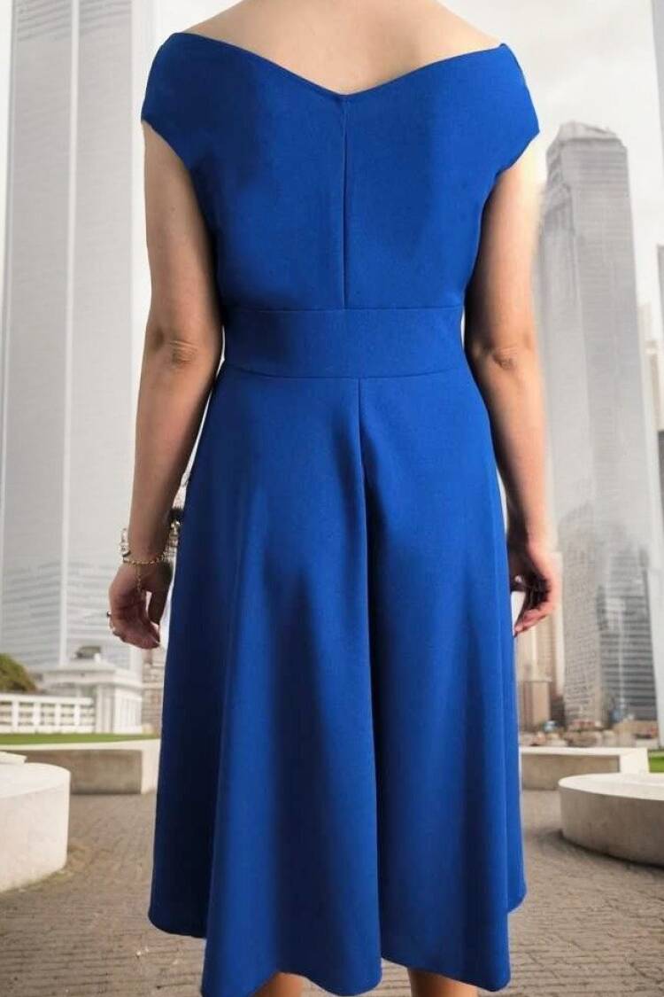 Blue Elegant Midi A-Line Dress With V-Neck Cap Sleeves