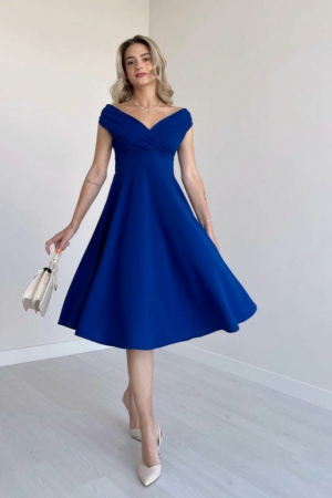 Blue Elegant Midi A-Line Dress With V-Neck Cap Sleeves - Brand: Janes - Women's Clothing Wholesale - Globality Store