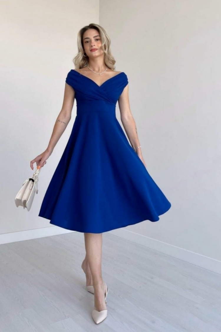 Blue Elegant Midi A-Line Dress With V-Neck Cap Sleeves