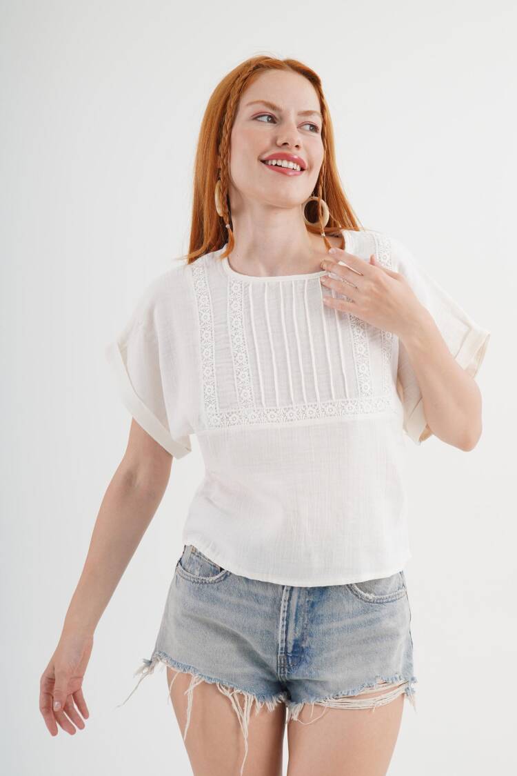 White Casual Boho Blouse With Round Neck