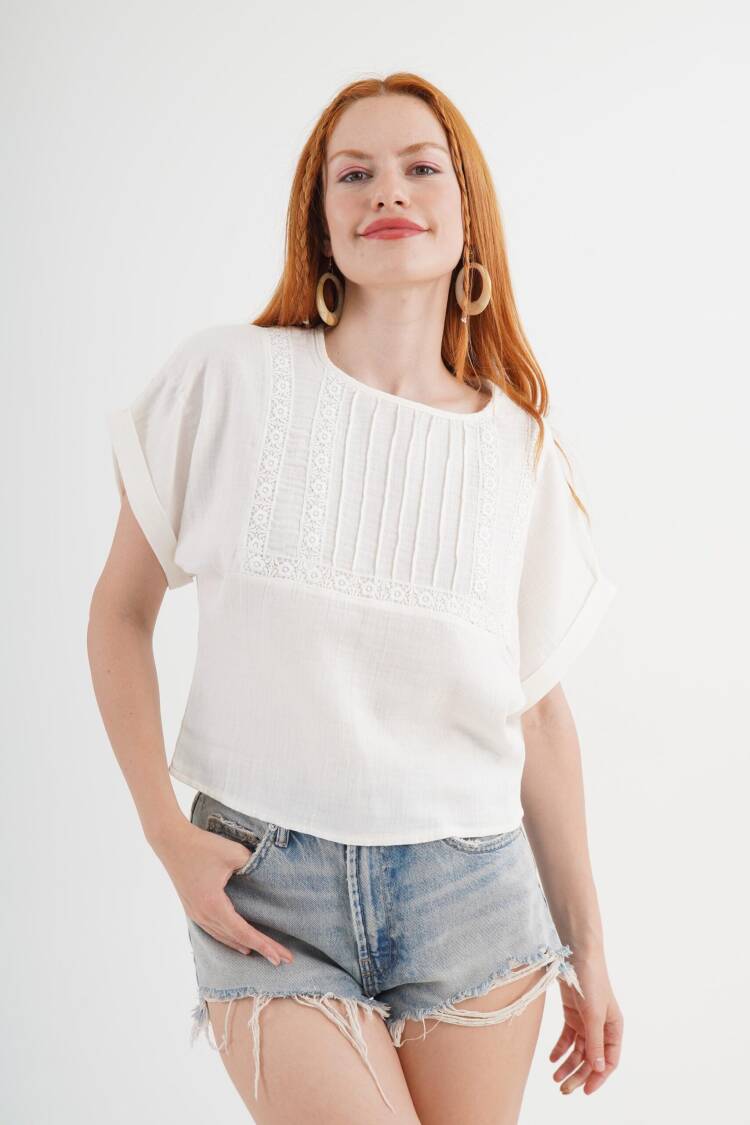 White Casual Boho Blouse With Round Neck