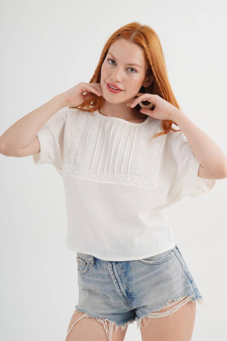 White Casual Boho Blouse With Round Neck