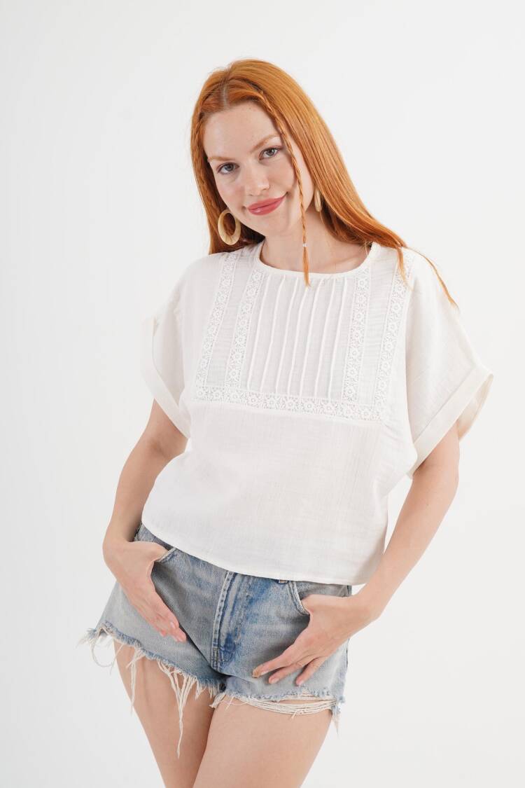 White Casual Boho Blouse With Round Neck - Brand: Lustrin - Women's Clothing Wholesale - Globality Store