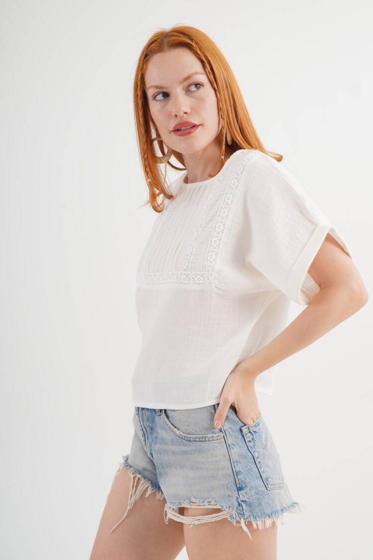 White Casual Boho Blouse With Round Neck