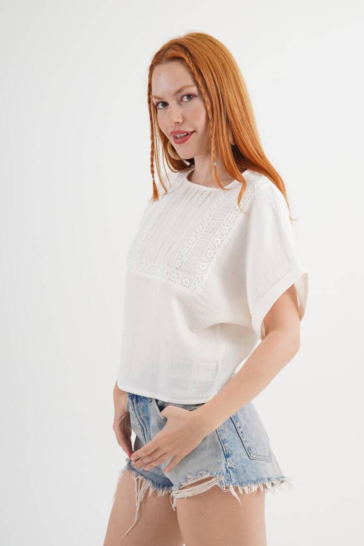 White Casual Boho Blouse With Round Neck