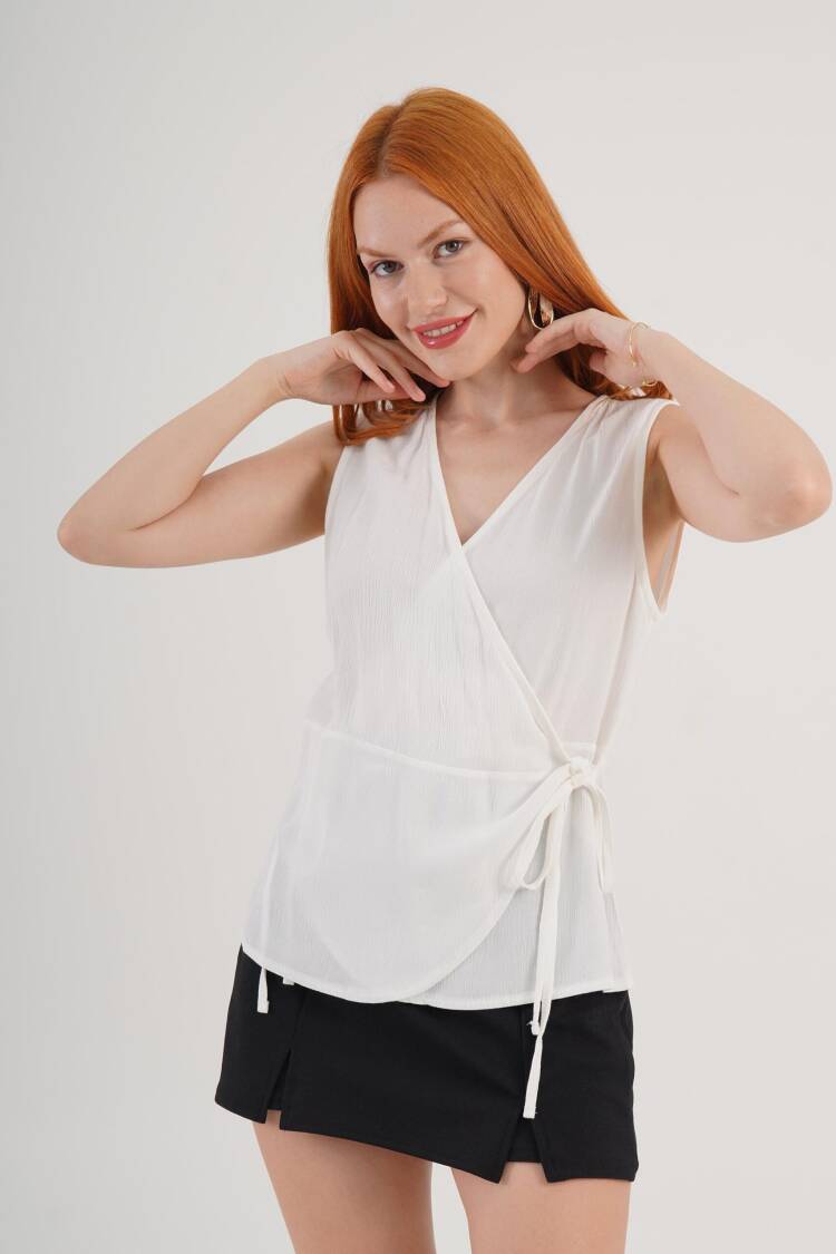 White V-Neck Sleeveless Cap Sleeve Blouse