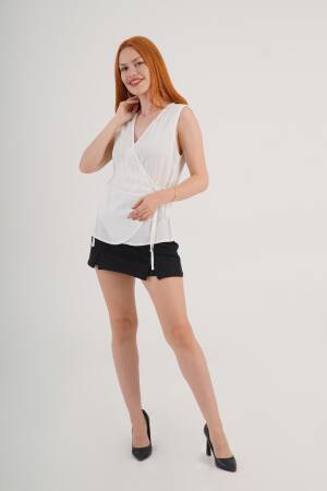 White V-Neck Sleeveless Cap Sleeve Blouse - Brand: Lustrin - Women's Clothing Wholesale - Globality Store