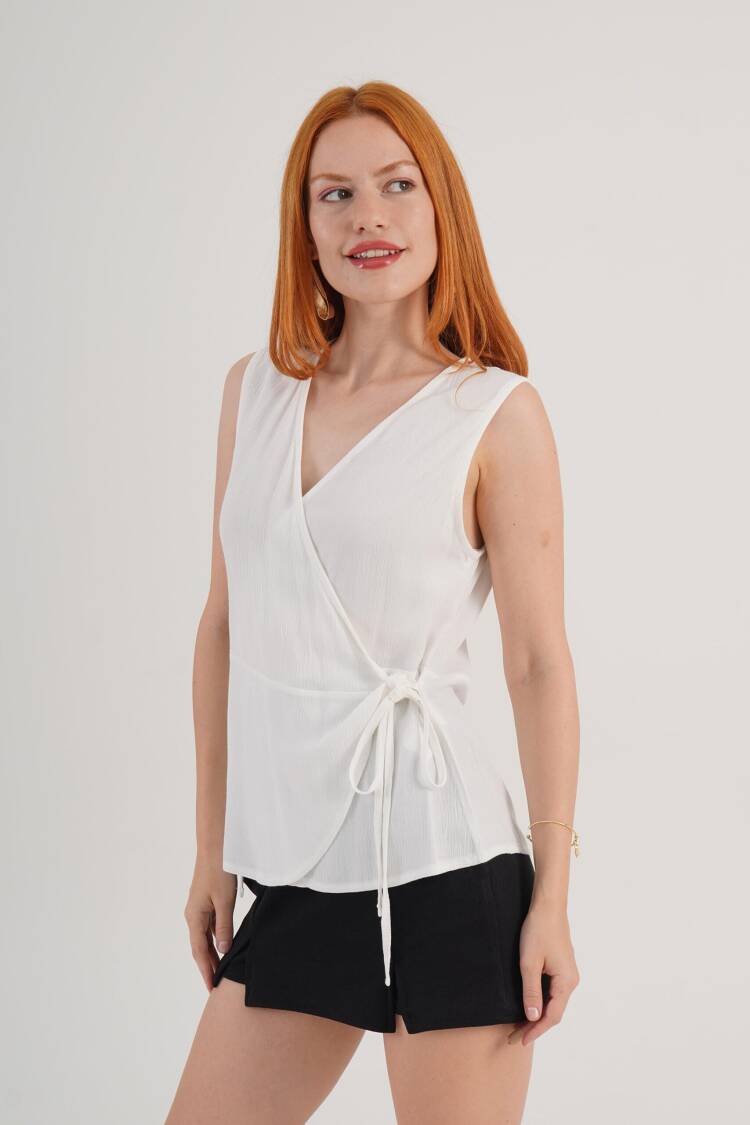 White V-Neck Sleeveless Cap Sleeve Blouse