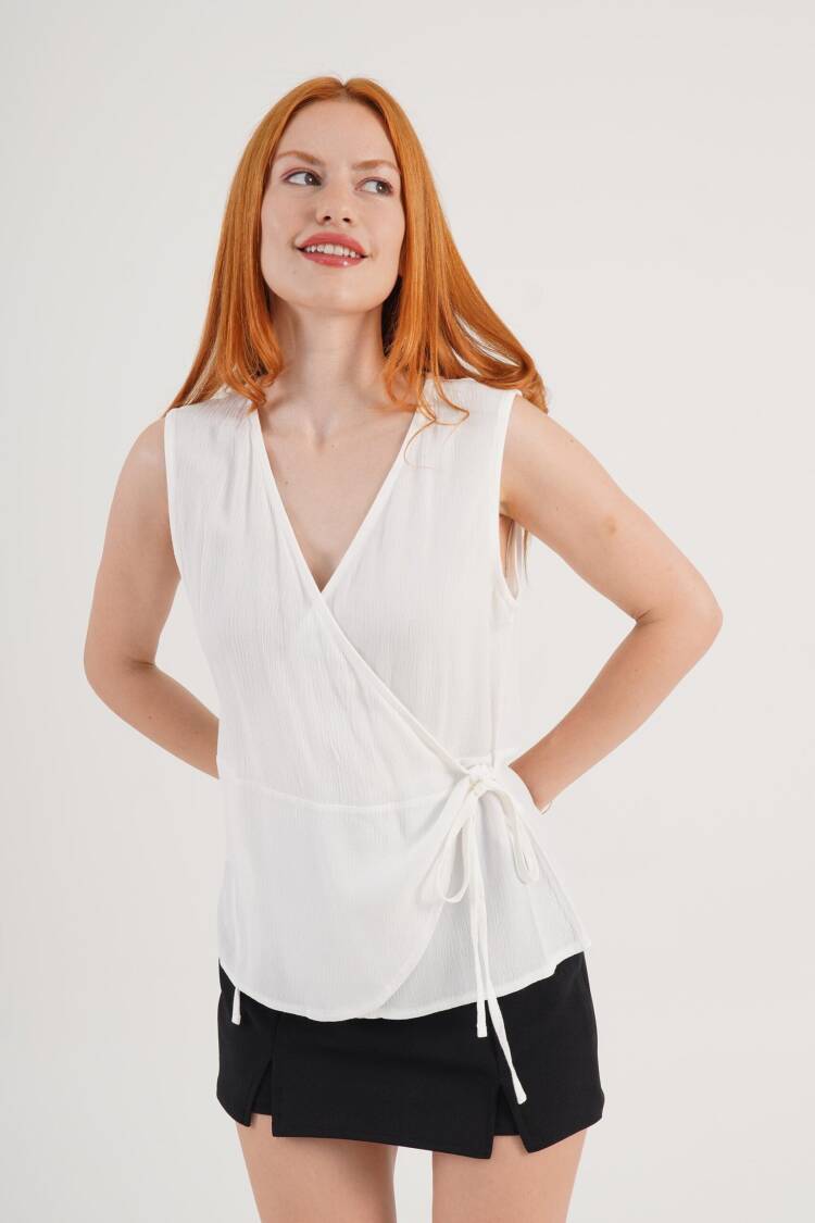 White V-Neck Sleeveless Cap Sleeve Blouse