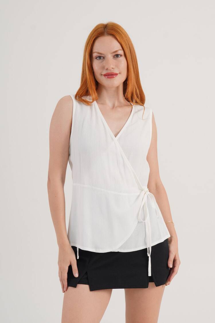 White V-Neck Sleeveless Cap Sleeve Blouse