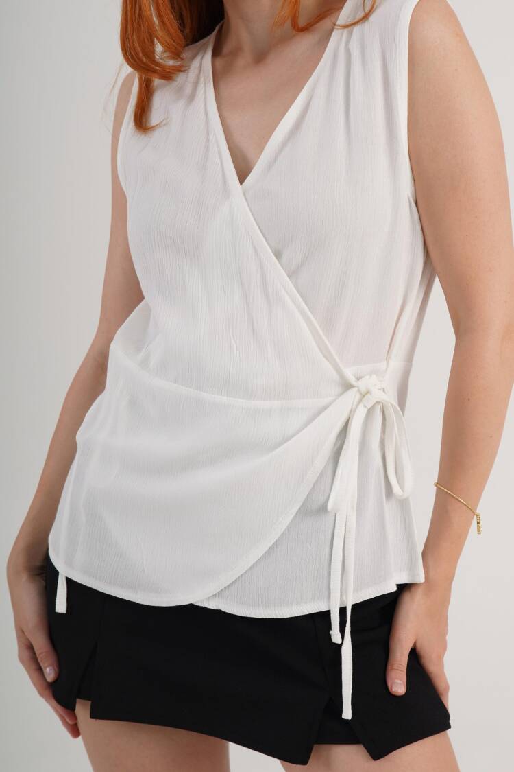 White V-Neck Sleeveless Cap Sleeve Blouse