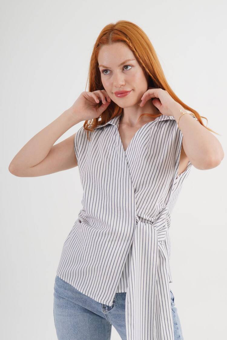 White Striped Tie Closure Sleeveless V-Neck Shirt