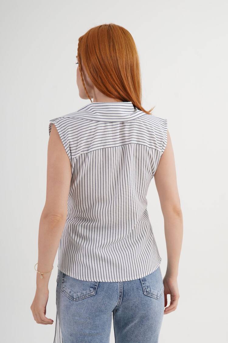 White Striped Tie Closure Sleeveless V-Neck Shirt