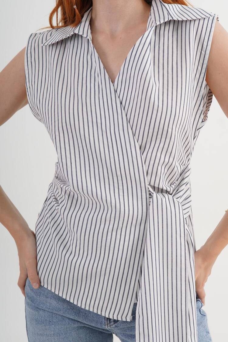 White Striped Tie Closure Sleeveless V-Neck Shirt