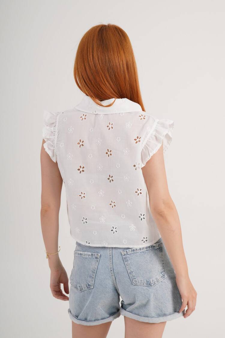 White Floral Sleeveless Polo Neck Shirt With Ruffle Sleeves