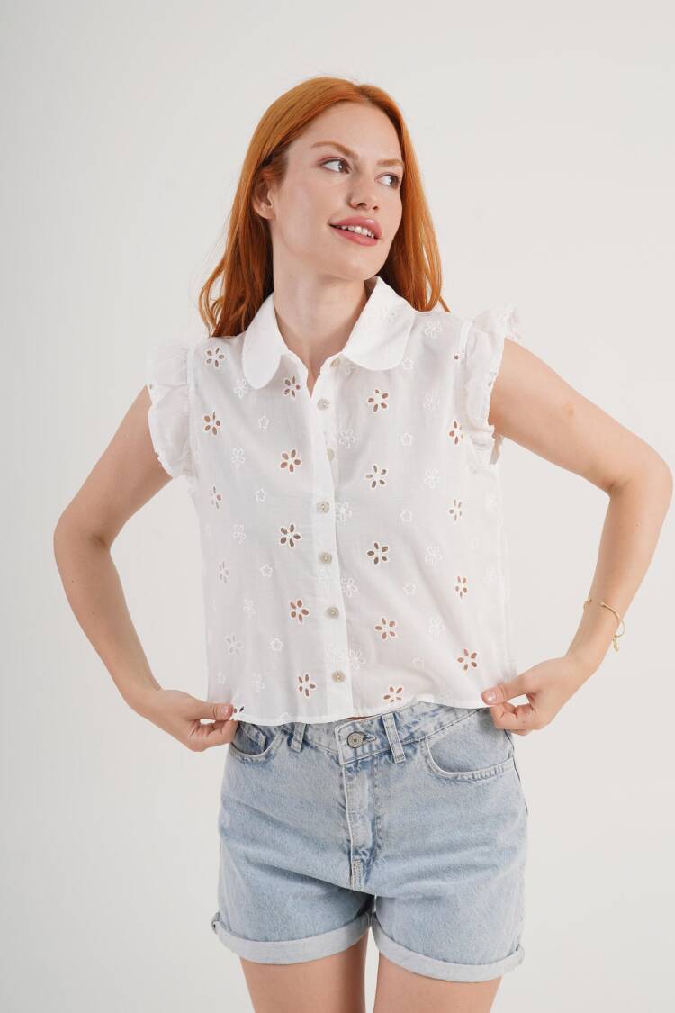 White Floral Sleeveless Polo Neck Shirt With Ruffle Sleeves