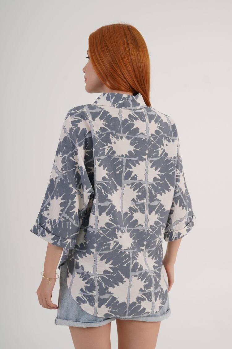 Grey Floral Oversized Fit Polo Neck Shirt
