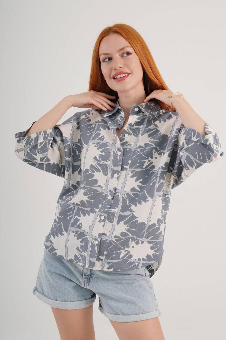 Grey Floral Oversized Fit Polo Neck Shirt - Brand: Lustrin - Women's Clothing Wholesale - Globality Store
