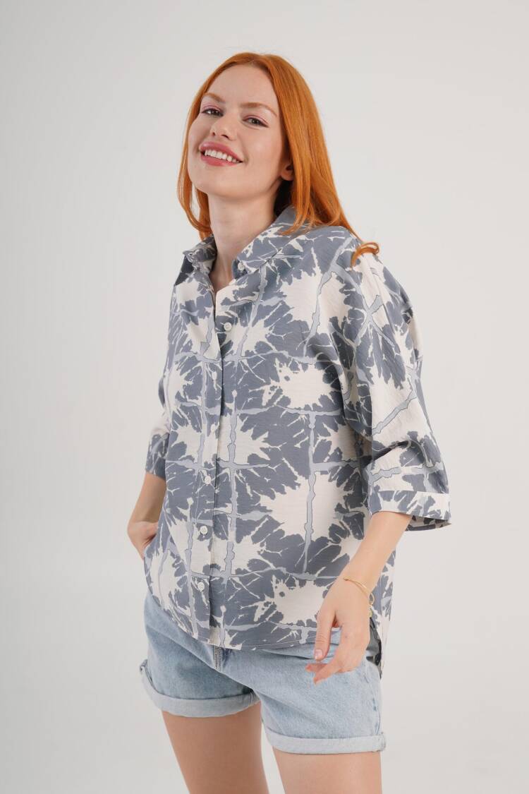Grey Floral Oversized Fit Polo Neck Shirt