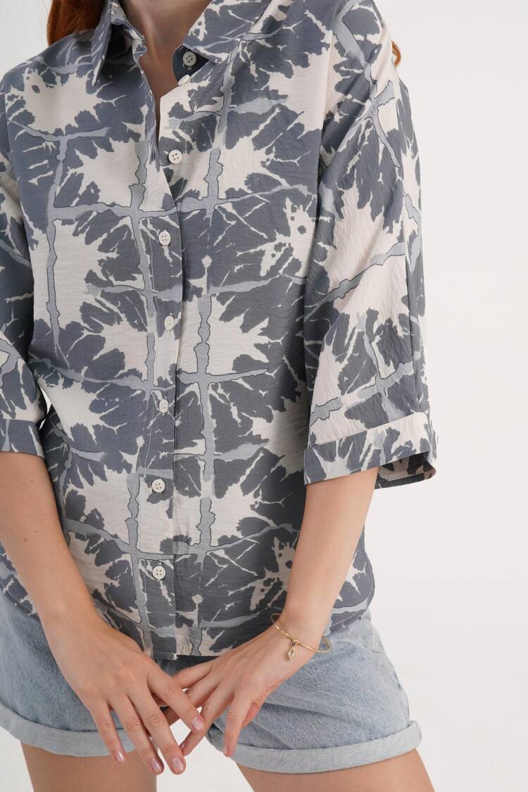 Grey Floral Oversized Fit Polo Neck Shirt