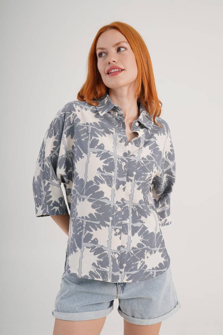 Grey Floral Oversized Fit Polo Neck Shirt