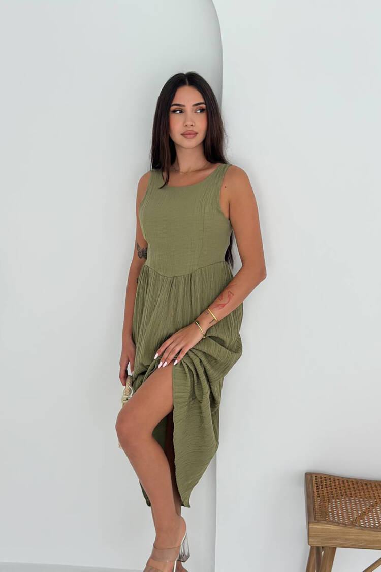 Green A-Line Sleeveless Midi Dress