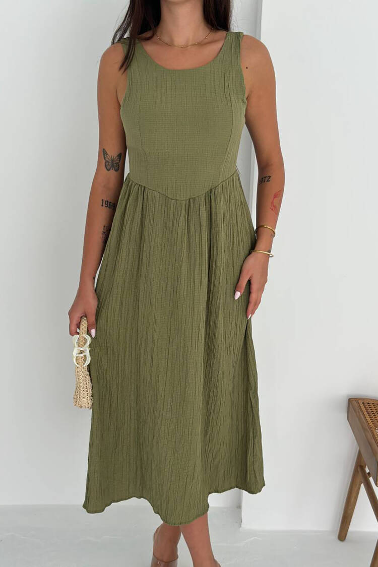 Green A-Line Sleeveless Midi Dress