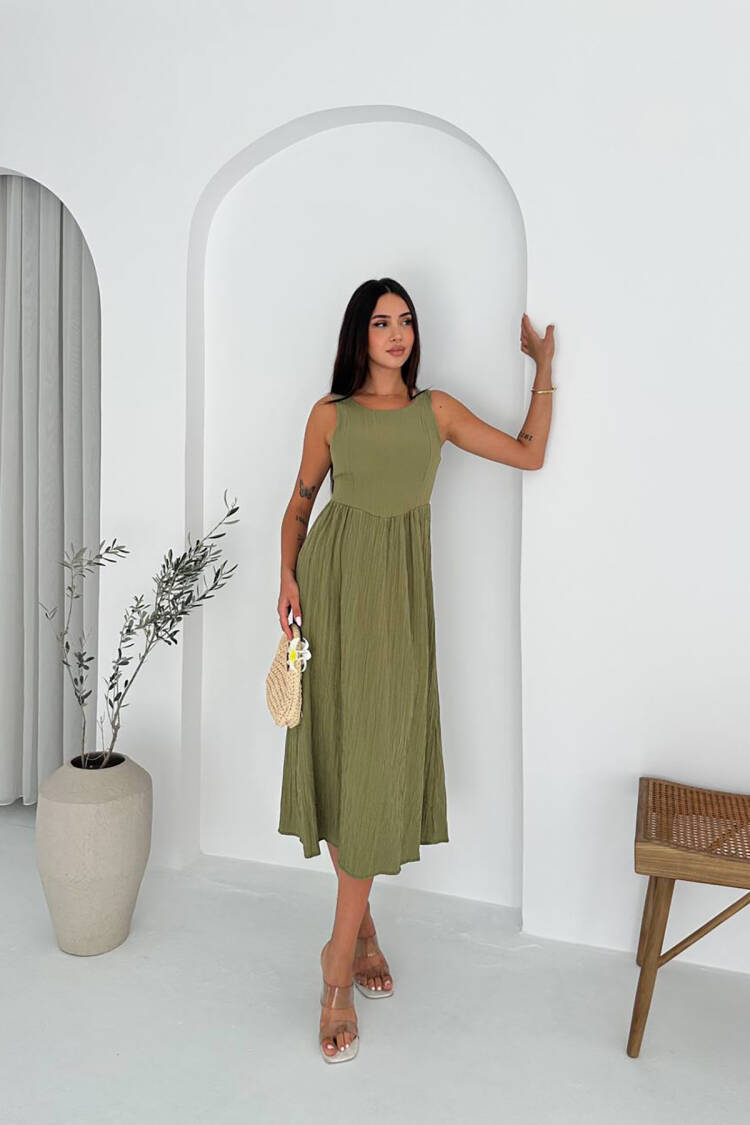 Green A-Line Sleeveless Midi Dress - Brand: Mode Roy - Women's Clothing Wholesale - Globality Store