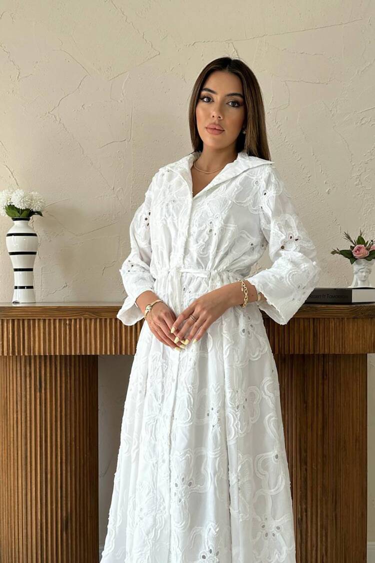 White Floral Midi Shirt Dress With Notched Neck