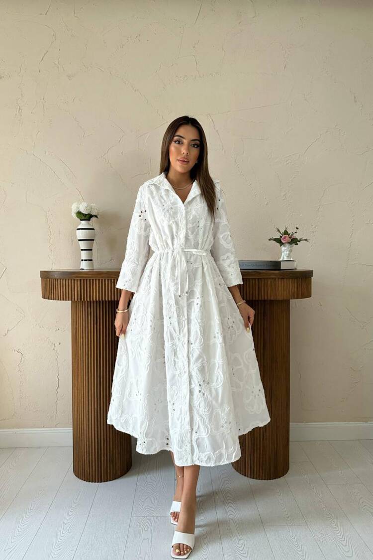 White Floral Midi Shirt Dress With Notched Neck - Brand: Elisa - Women's Clothing Wholesale - Globality Store
