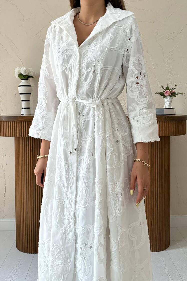 White Floral Midi Shirt Dress With Notched Neck