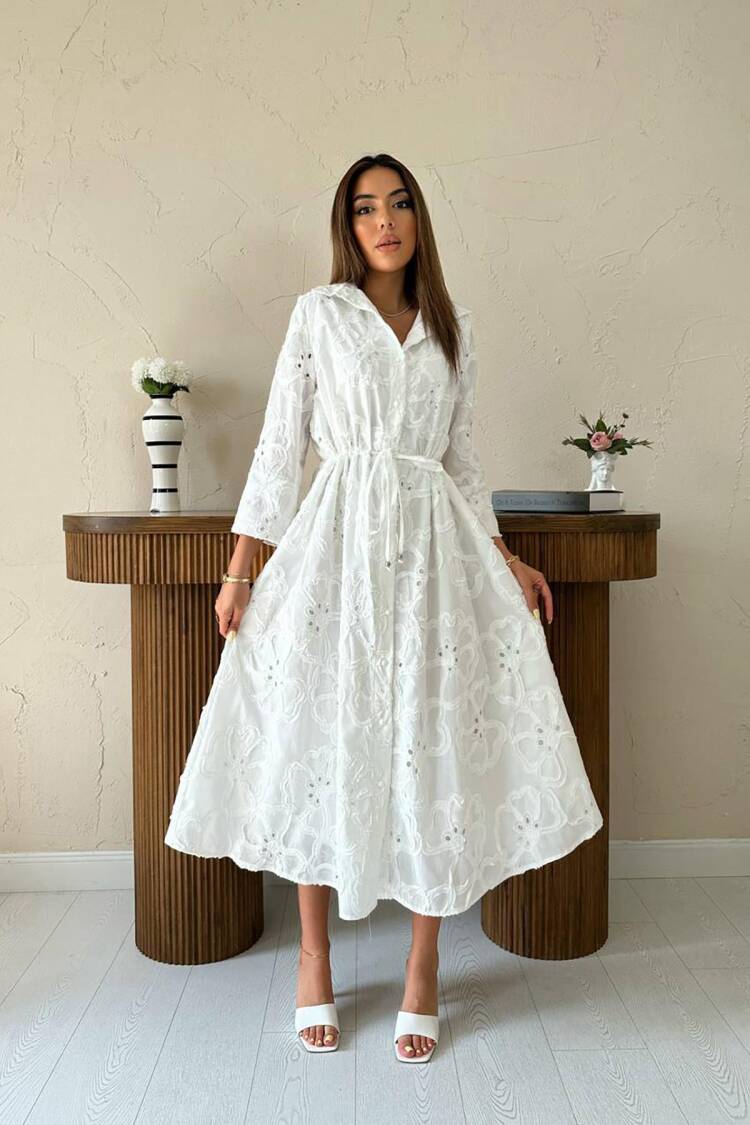 White Floral Midi Shirt Dress With Notched Neck