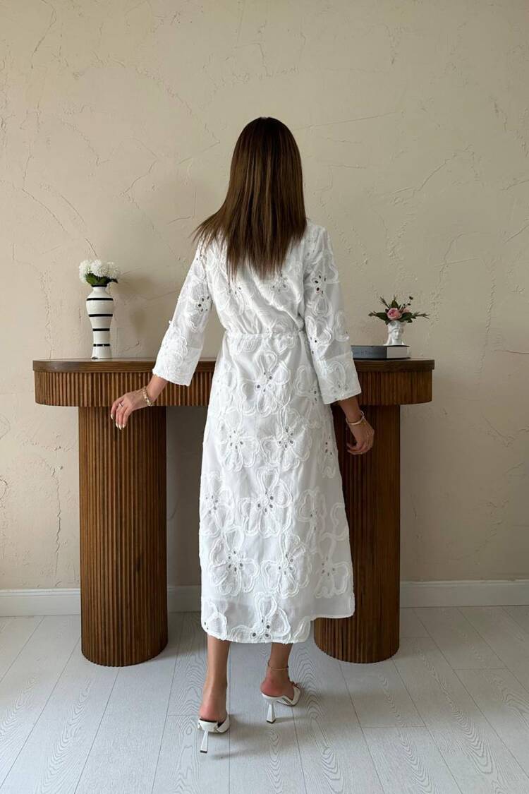 White Floral Midi Shirt Dress With Notched Neck