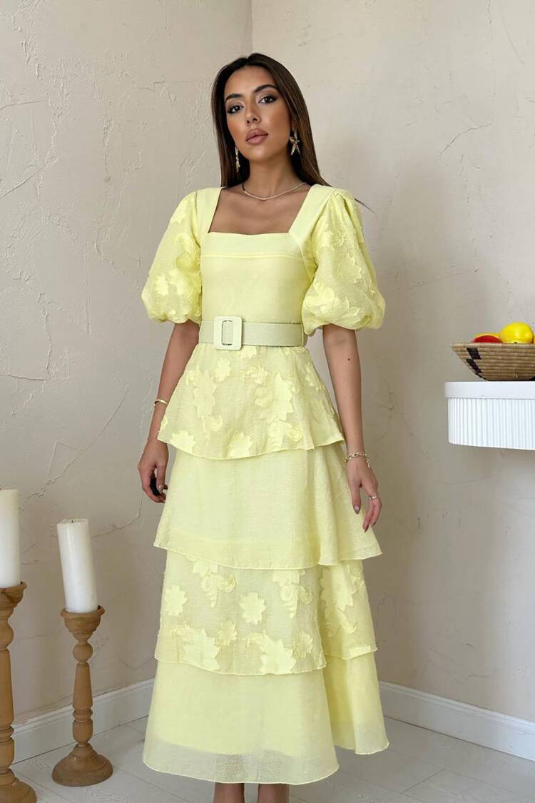 ElegantDress With Floral Puff Half Sleeves