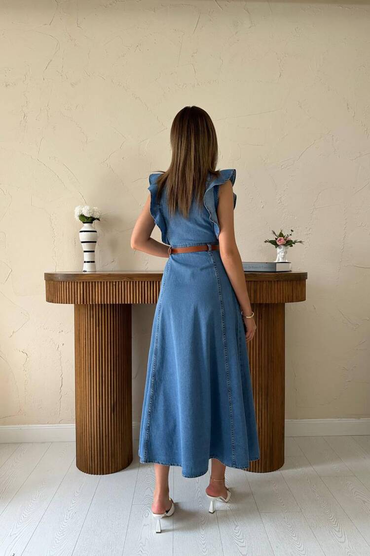 Blue Ruffle Sleeve A-Line Midi Dress
