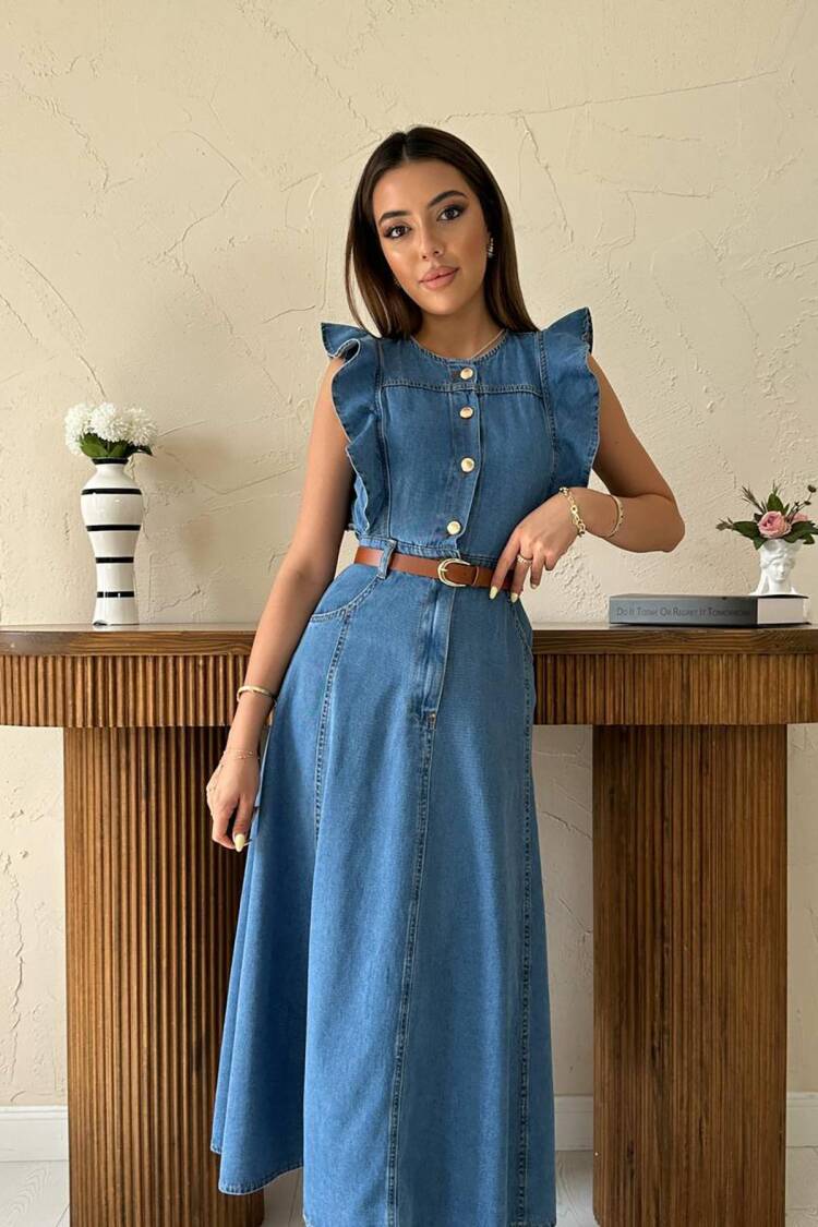 Blue Ruffle Sleeve A-Line Midi Dress
