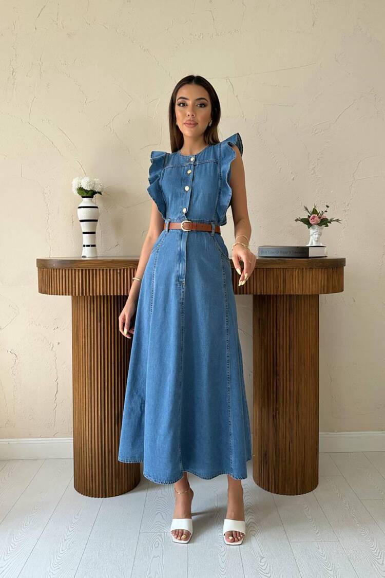 Blue Ruffle Sleeve A-Line Midi Dress - Brand: Elisa - Women's Clothing Wholesale - Globality Store